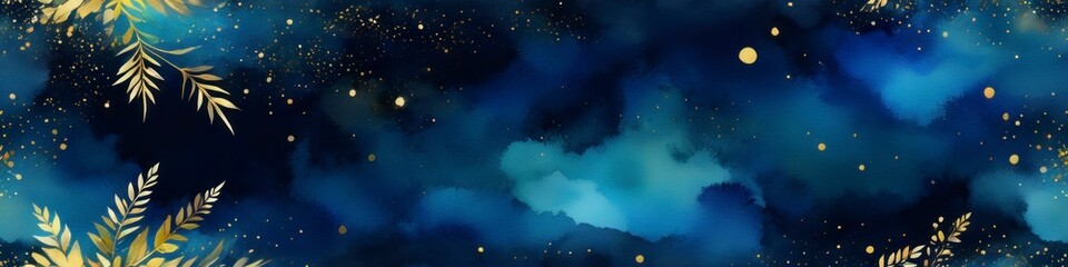 Wall Mural - Watercolor blurred illustration in dark turquoise color with golden strokes and leaves. Abstract background for design, space for text.	