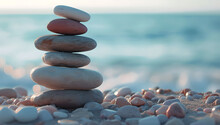 Stack Of Stones On Beach, Balanced Pebble Pyramid Silhouette On Beach With Ocean In Background, Zen Stones On The Sea Beach, Meditation, Spa, Harmony, Calmness, Balance Concept, Blur Background	
