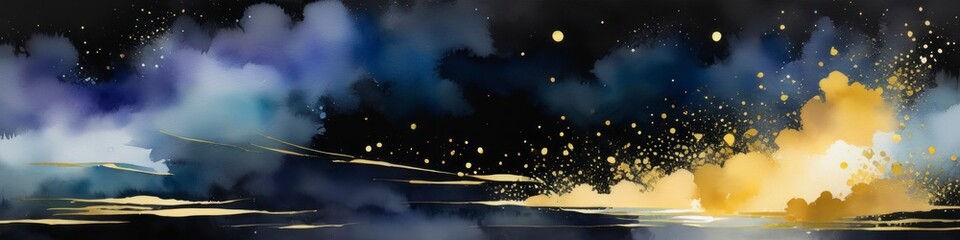Wall Mural - Watercolor abstract illustration blurred background
 in orange and black with golden strokes and splashes. Abstract background for design, place for text.	