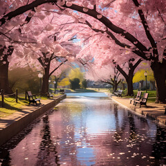Wall Mural - A city park with cherry blossoms in full bloom.