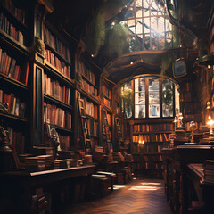 Poster - A quiet bookstore with bookshelves lining the walls