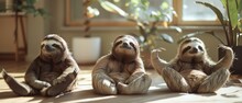 Three Sloths Sitting In A Row On The Floor Next To Each Other. Generative AI.