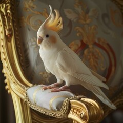 Sticker - A white cockatoo perched on a gold and blue chair.