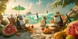 Three penguins sitting on chairs and eating watermelon at the beach. Generative AI.