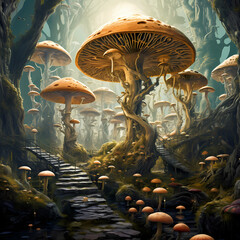 Poster - A surreal forest with oversized mushrooms.