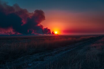 Canvas Print - A large fire is burning in the distance of a field. Generative AI.