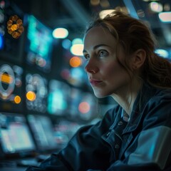 Poster - A woman in a military uniform looking at some screens. Generative AI.