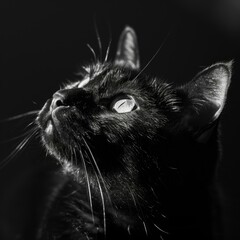 Wall Mural - A black and white photo of a cat looking up. Generative AI.