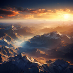 Sticker - Aerial view of a mountain range at sunrise.