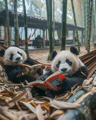 Wall Mural - Two panda bears are reading books in a hammock. Generative AI.