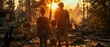 © sergio - A family of three standing in front of a fire with the sun setting behind them. Generative AI.