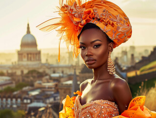 Sticker - A beautiful woman in an orange dress with a big hat.