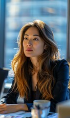 Poster - A woman sitting at a desk with her head down looking away.