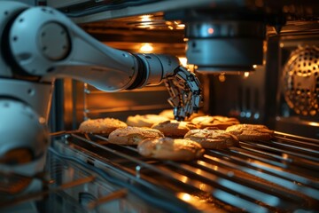 Wall Mural - A robot arm is taking cookies out of an oven. Generative AI.