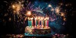 Birthday cake with candles and fireworks -, concept of Celebration