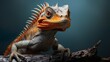 Close-up of a vivid orange iguana perched majestically on a branch against a dark backdrop