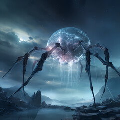 Wall Mural - Giant crystal spider weaving a web in the sky. 