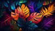 A digital art masterpiece featuring a rich tapestry of tropical leaves in a dynamic and vivid color palette