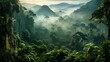 An awe-inspiring view of distant mist-covered mountains rising beyond the lush expanse of a vibrant rainforest