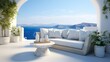 Pristine white luxury sofa perfectly poised in a modern villa with a stunning ocean view sector