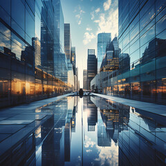 Sticker - Reflection of skyscrapers in a glass facade. 