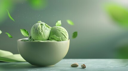 A bowl of creamy pistachio gelato  d style isolated flying objects memphis style d render  AI generated illustration