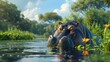A chubby hippo lazily floating down a gentle river its massive form beautifully animated in D   AI generated illustration