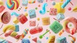 A collection of assorted colorful candies d style isolated flying objects memphis style d render   AI generated illustration