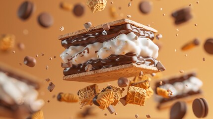 A dish of gooey smores  d style isolated flying objects memphis style d render  AI generated illustration