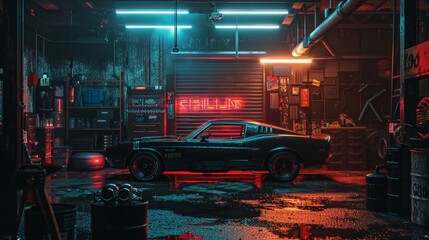 Wall Mural - A dramatic lighting setting in a cinematic car garage  AI generated illustration