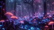 A field of glowing mushrooms carpeting the forest floor of an alien world  AI generated illustration