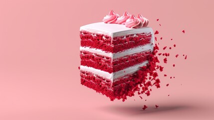 A floating slice of red velvet cake  d style isolated flying objects memphis style d render   AI generated illustration