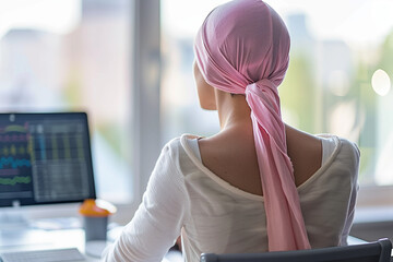 Woman Analyzing Data on Computer, Pink Headscarf, Cancer Awareness Concept