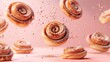 A group of sparkling cinnamon rolls  d style isolated flying objects memphis style d render  AI generated illustration