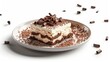 A plated slice of tiramisu with chocolate shavings  d style isolated flying objects memphis style d render   AI generated illustration