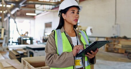 Canvas Print - Asian woman, employee and tablet at warehouse or factory to count stock or material. Logistics, supplier and technology with checklist for manufacturing, distribution business and check information