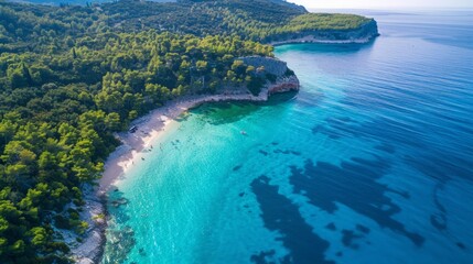 Wall Mural - Aerial view of beautiful turquoise sea ocean, beach and tree forest walk,tour, destination, Top view from drone,