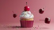 A sprinkle-covered cupcake with a cherry on top d style isolated flying objects memphis style d render  AI generated illustration