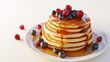 A stack of pancakes with syrup and berries d style isolated flying objects memphis style d render   AI generated illustration
