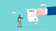 © Vanz Studio - Crypto currency tax burden, businessman investor holding bitcoin surprised by government hand issue tax bill concept vector illustration
