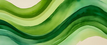 Abstract Art Background Green And Olive Colors. Soft Color Watercolor Painting On Canvas With Wavy Pattern. Texture Backdrop.
