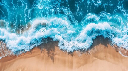 Wall Mural - Summer seascape beautiful waves, blue sea water in sunny day. Top view from drone. Sea aerial view, amazing tropical nature background.