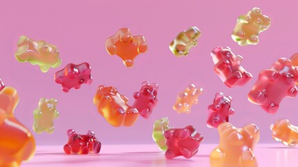 Wall Mural - A vibrant display of gummy bears  d style isolated flying objects memphis style d render   AI generated illustration