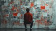 young man looking at the wall with many sticky notes. Created with Generative AI.