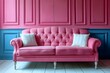 Elegant Pink Sofa in Blue-Pink Chic Interior. Concept Home Decor, Interior Design, Elegant Furniture, Colorful Design, Chic Decor