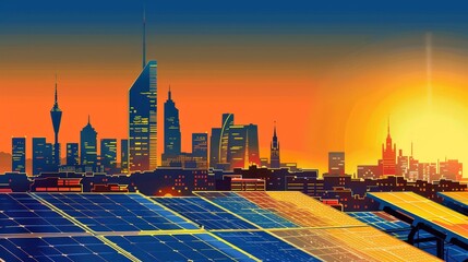 Wall Mural - An elegant poster featuring the silhouette of an Italian city skyline with solar panels on every building   AI generated illustration