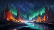 Eerie fantasy landscape with fire burning in forest, reflecting in a lake under an aurora borealis night sky