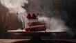 Create a surreal ambiance for a levitating slice of cake with moody lighting   AI generated illustration