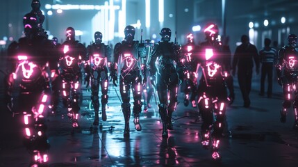Wall Mural - Cybernetically enhanced individuals walk amongst the crowd their glowing implants shining in the darkness   AI generated illustration