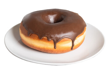 chocolate glazed doughnut on a plate with a transparent background